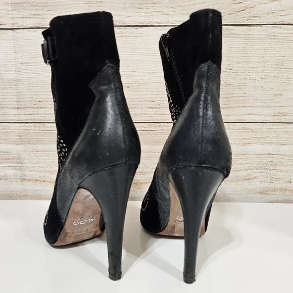 Aldo Jodetha Black Suede Ankle Bootie Heeled Boots 8.5 Silver Blonze Studs - Picture 6 of 12